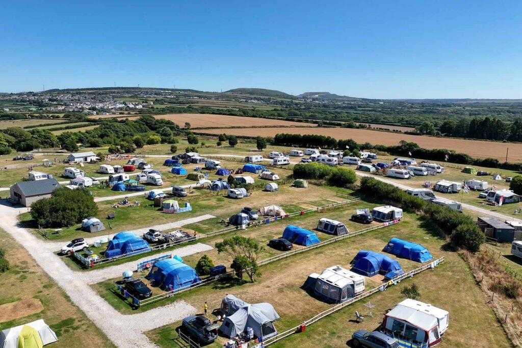 Aerial view of touring caravans and pitches on the camping fields at Atlantic Reach