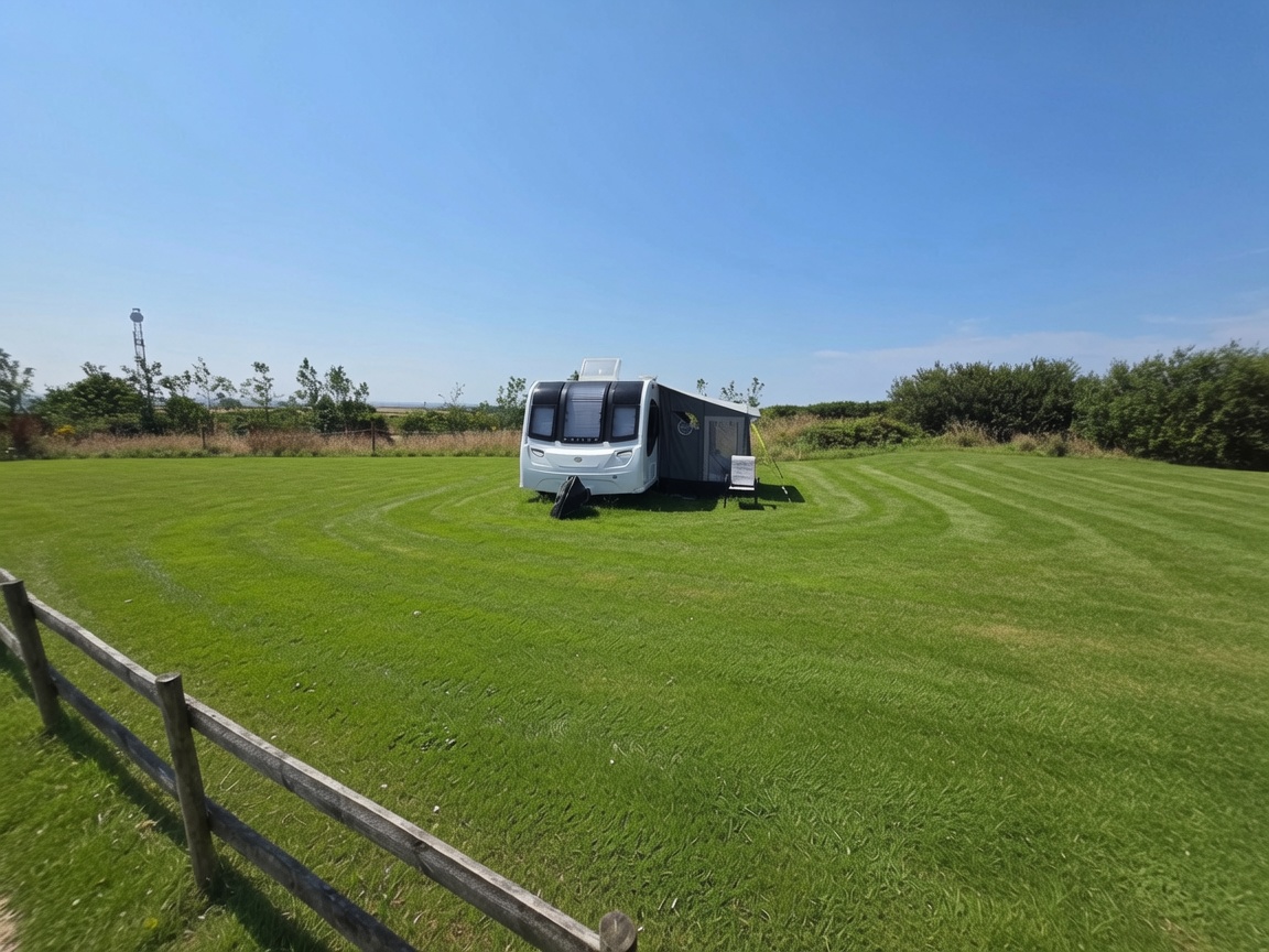 Touring caravan on one of the large seasonal pitches at Atlantic Reach, Cornwall