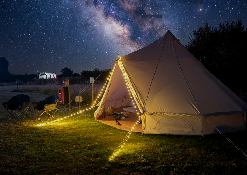 Happy family staying in a bell tent