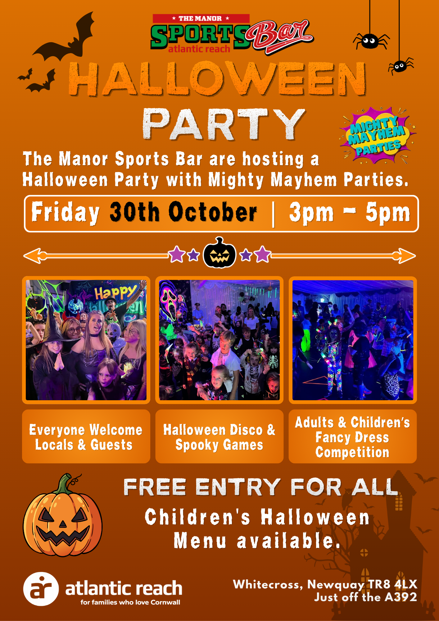 Halloween party at The Manor Sports Bar for Halloween half-term in Cornwall, Friday 30th October
