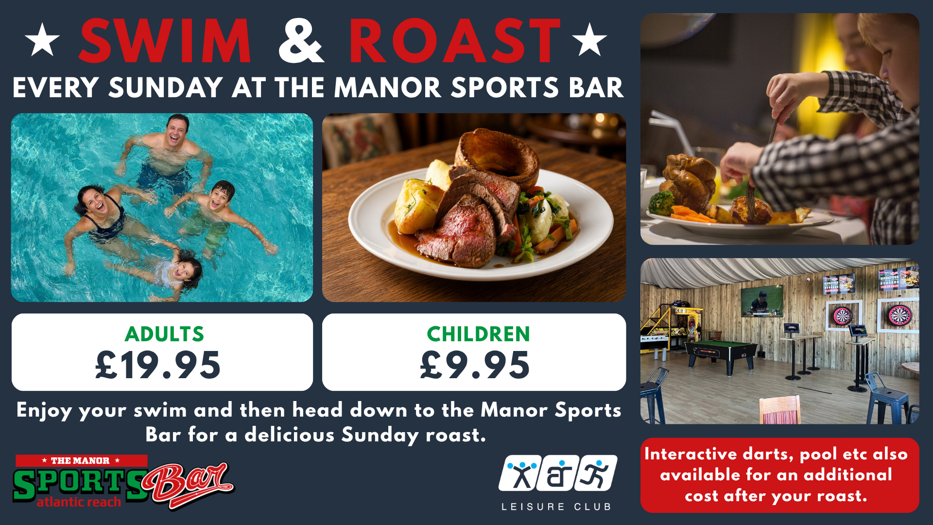 Swim and Roast Cornwall offer at The Manor Sports Bar: adults £19.95, children £9.95